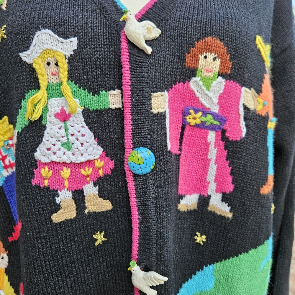 Vintage Storybook Knits Children of the World/Peace on Earth Sweater Medium - Picture 7 of 11